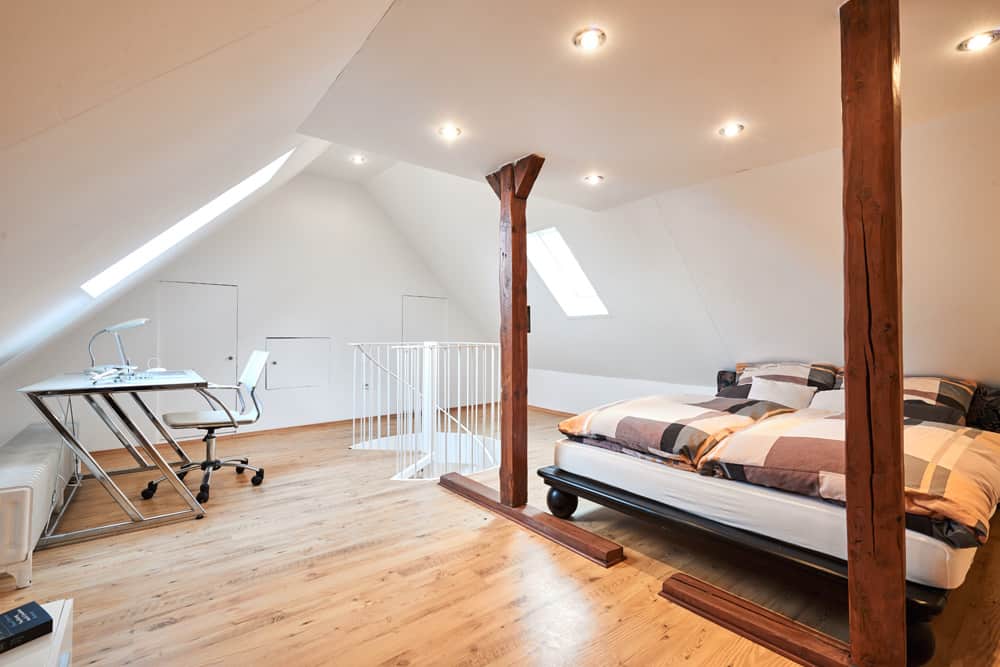 4-room apartment App073 bedroom desk stairs maisonette style bed wooden beams parquet floor