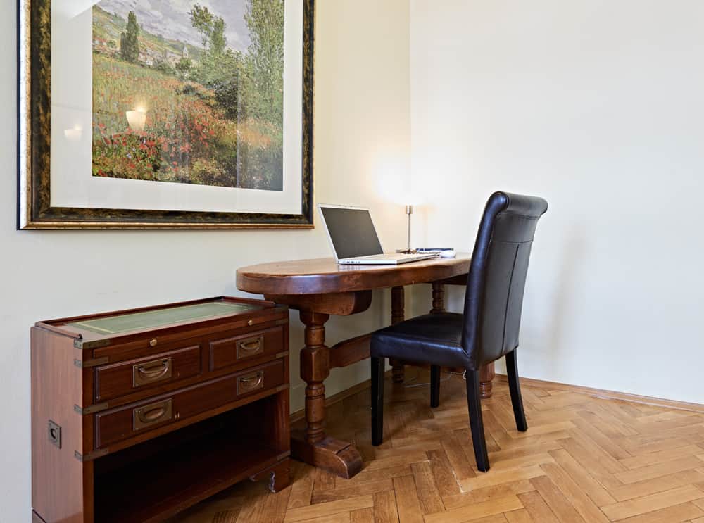 3-room apartment App501 living area desk cabinet parquet floor